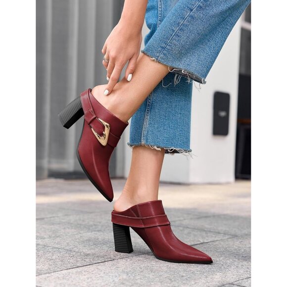 〽️Women\'s Wine Red Coutgo Pointed Chunky Heel Slip On Dress Stacked Booties main image 1